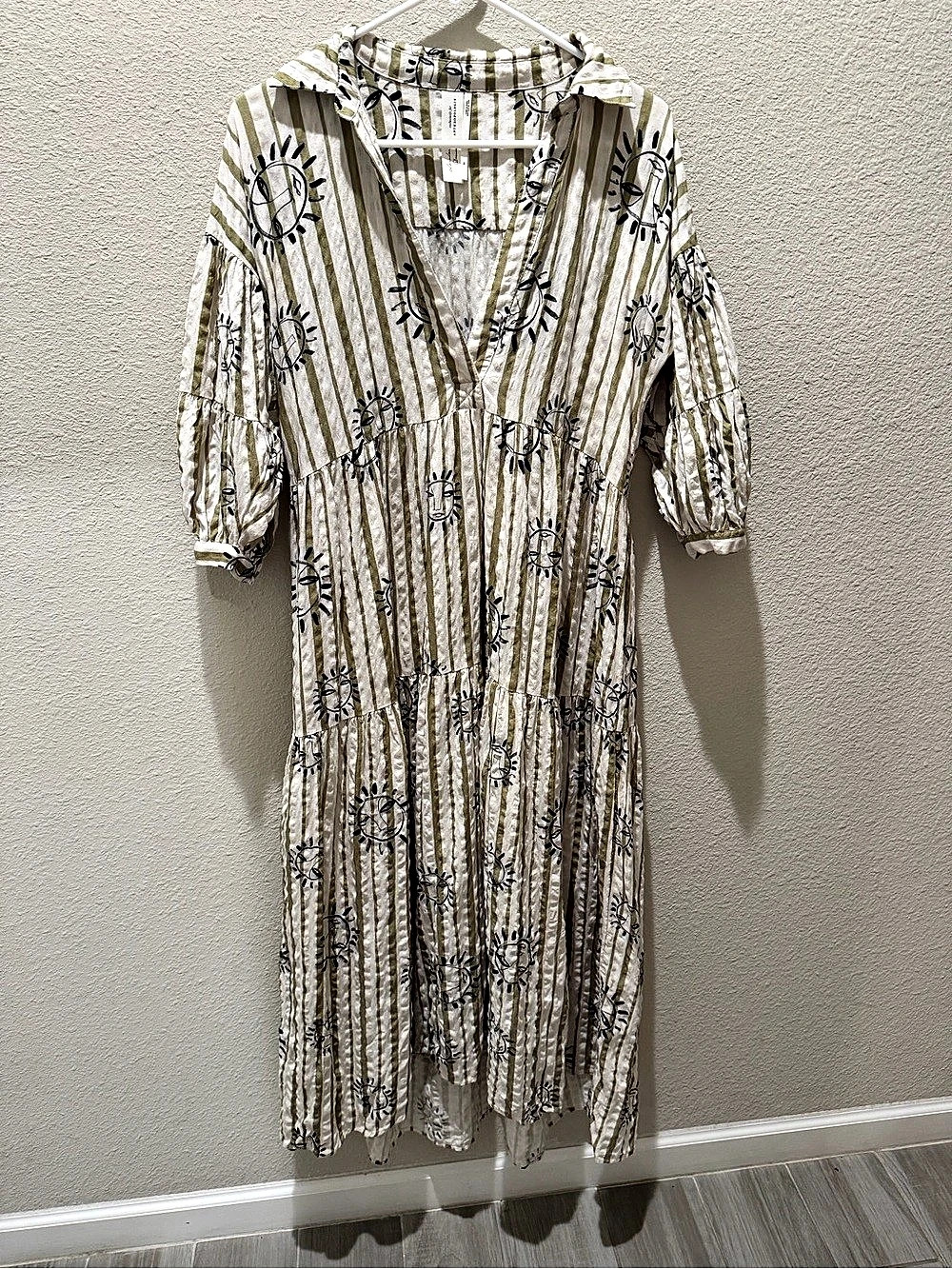 London Avenue Anthropologie Sun Face Print Tiered Midi Dress Olive Green Striped